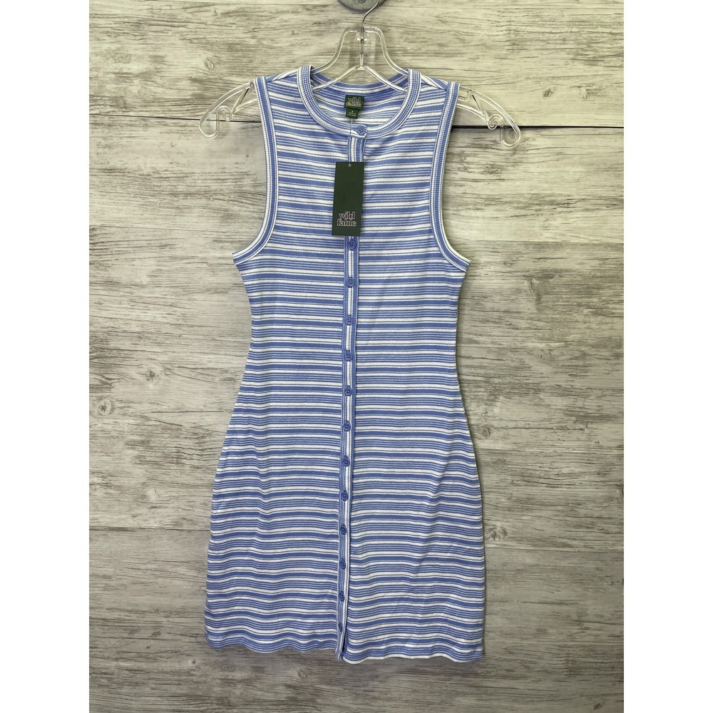 Wild Fable Dress Womens Small Blue Striped Bodycon Tank‎ Sleeveless Button
